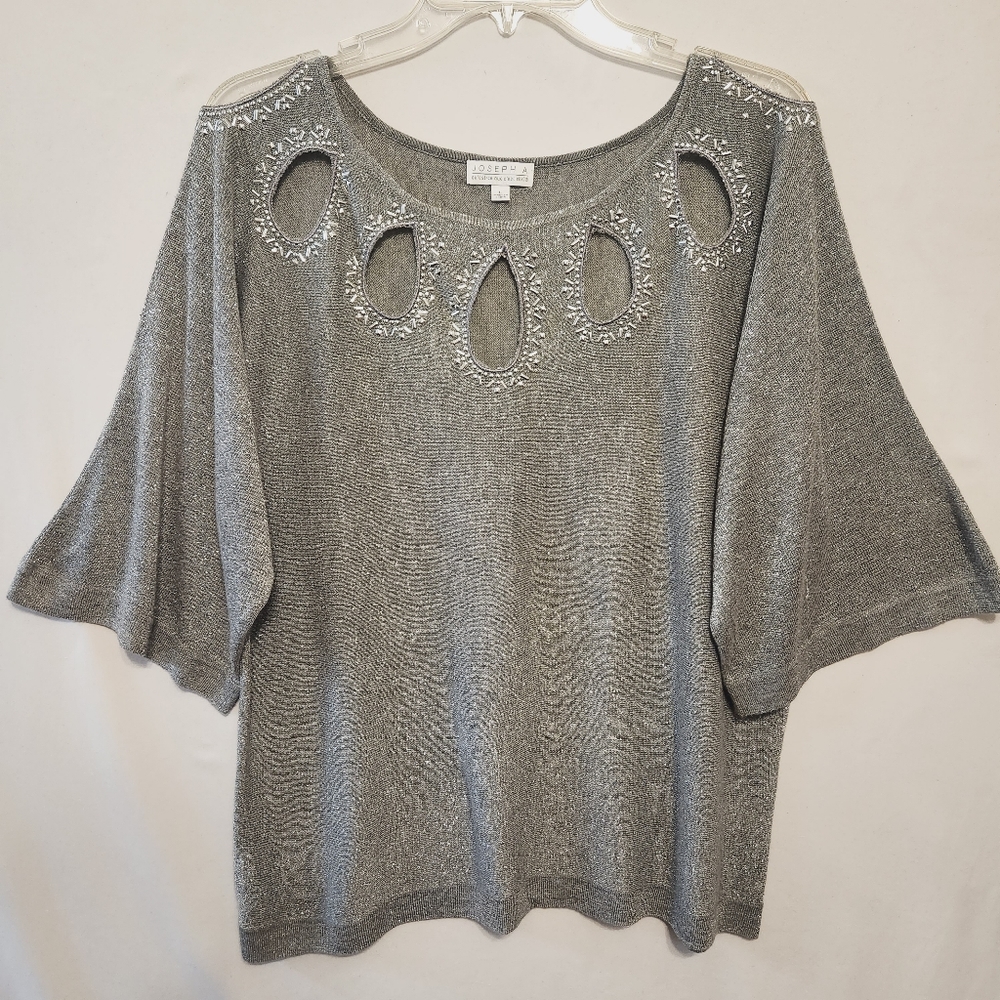 Silver Metallic Fine Knit Wide Sleeve Blouse